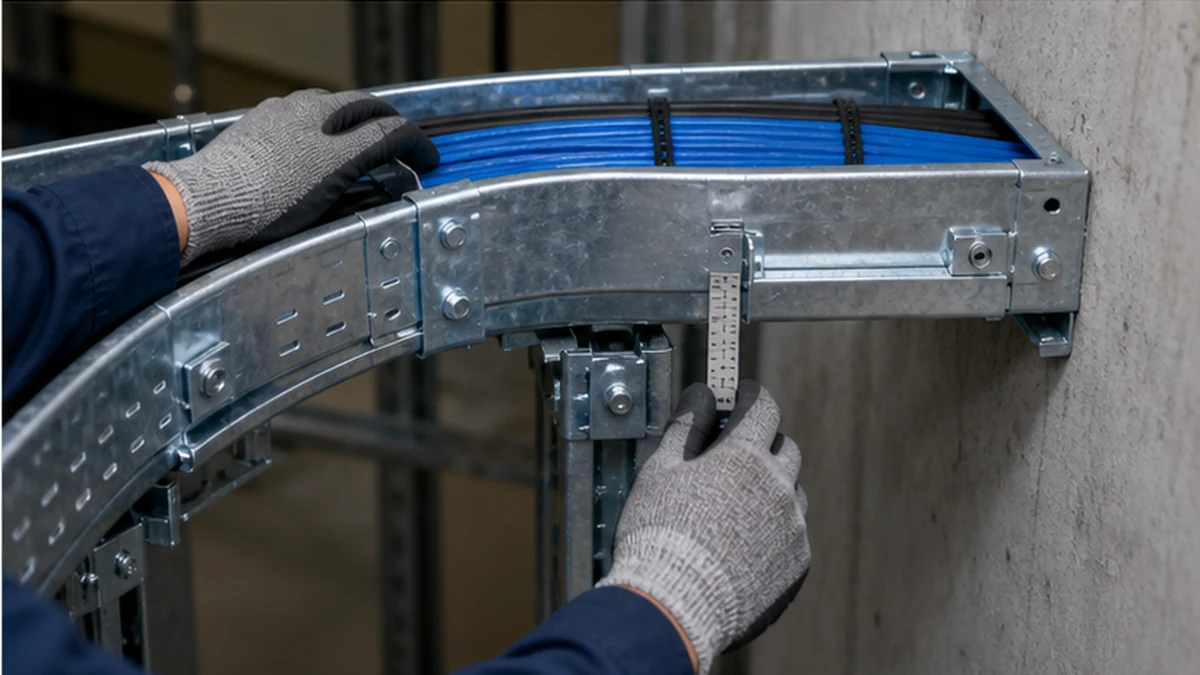 Technician checking cable path at a tray elbow