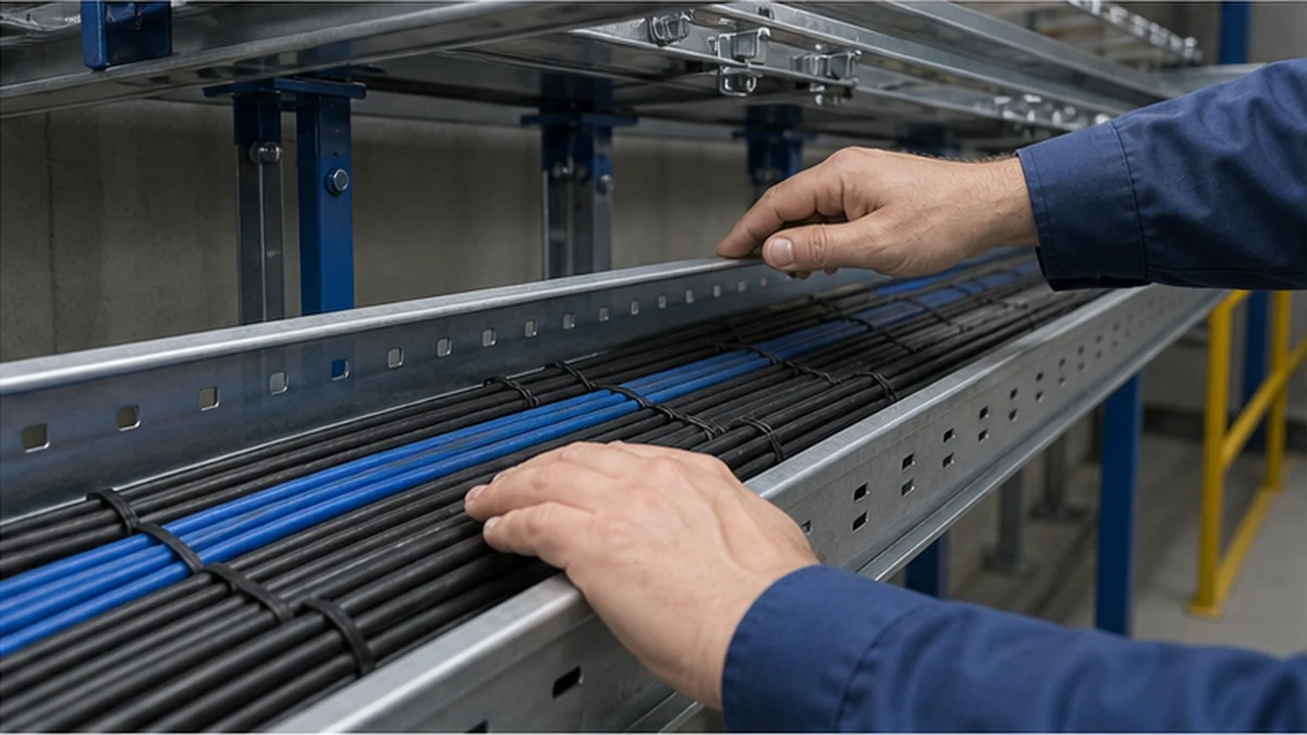Technician inspecting cable tray side rail and cable lane clearance