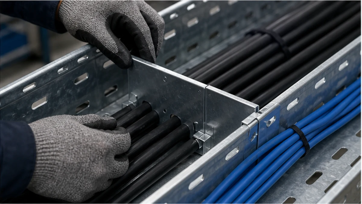 Technician inspecting cable tray divider fastening and cable lane separation