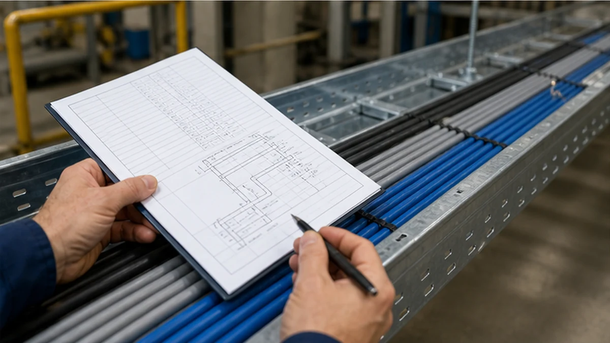 Technician checking installed cable tray against route plan