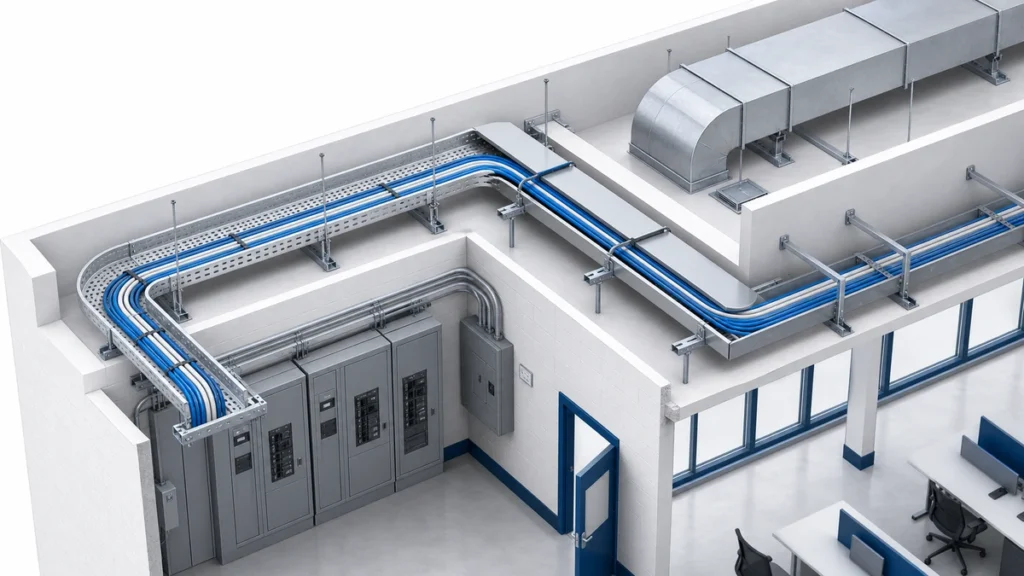 Commercial building cable tray route with equipment and ceiling interfaces