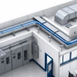 Commercial building cable tray route with equipment and ceiling interfaces