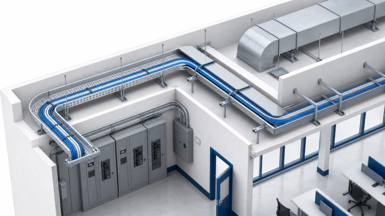 Commercial building cable tray route with equipment and ceiling interfaces