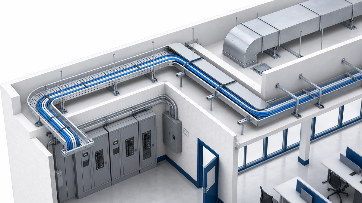 Commercial building cable tray route with equipment and ceiling interfaces