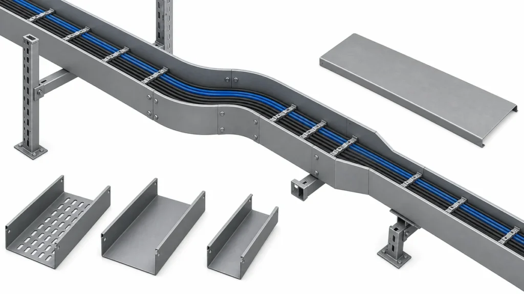 Trough cable tray route with continuous cable support and matched fittings