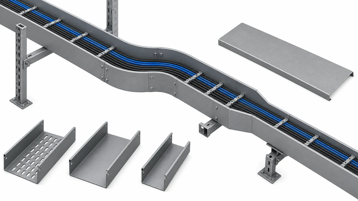Trough cable tray route with continuous cable support and matched fittings